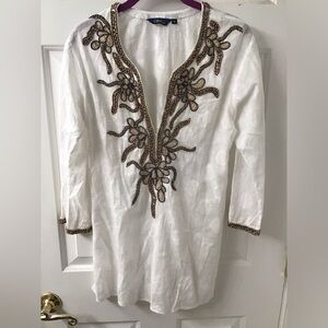 SULU SZ 8 EMBROIDERED TUNIC TOP BEADED CITTON POLKA DOT GUC